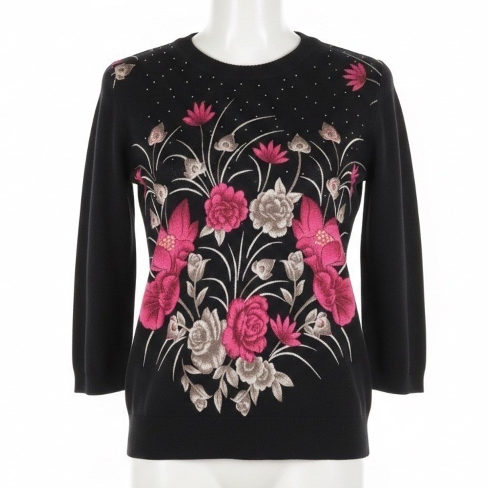 Cathy Daniels XL Black Floral Sweater Boldโ Pink Roses Romantic Cottagecore